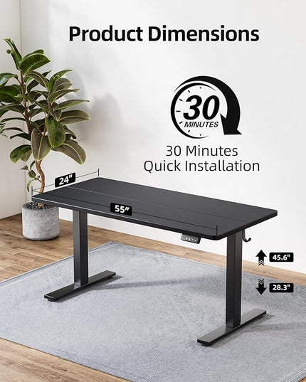 TIQLAB Standing Desk 55 x 24 inch, Electric Height Adjustable with Splice Board, Stand Up Desk, Sit Stand Desk Computer Desk for Home Office, Black Frame/Black Top