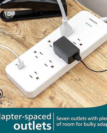Philips 7-Outlet Surge Protector with USB Charging, 6ft Braided Extension Cord, 1USB-A, 1USB-C, 1500J, Adapter Spaced, Outlet Extender Power Strip, White - SPP3983W/37