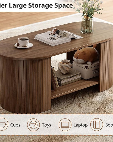 OneBlis Oval Fluted Coffee Table, 2-Tier Center Table with Large Storage, Mid-Century Modern Wood Coffees Table for Living Room, Home Office, Small Space, Walnut