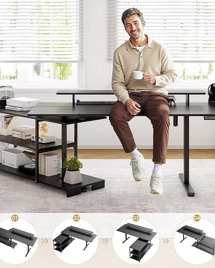 ONBRILL L Shaped Standing Desk with File Cabinet, 63x24'' Electric Stand Up Desk with Monitor and Storage Shelf, Adjustable Height 28-46'' for Home and Computer Workstation, Black