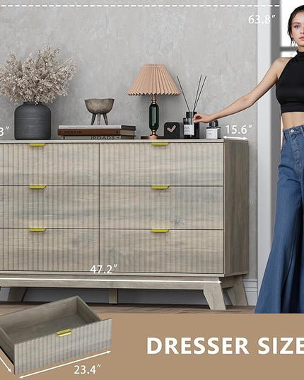 BORNOON Fluted 6 Drawer Dresser, 47.2" Wide Modern Boho Chest of Drawers, Wooden Storage Dresser TV Stand for Bedroom, Living Room, Closet, Hallway, Curved Profile Design