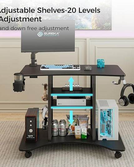 EUREKA ERGONOMIC Gaming Desk Computer, 37" Rolling Desk on Wheels for Small Space, Mobile Computer Cart with Pegboards Adjustable Shelves for Gaming PS Switch Home Office - Black