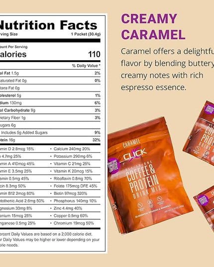 Click Coffee Protein Powder | Double Shot Espresso | 16g Protein | 23 Essential Vitamins | Low Calorie Meal Replacement | 150mg Caffeine | Gluten Free | No Artificial Flavors or Colors | Caramel