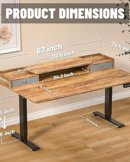 63 x 30 Inch Electric Standing Desk with 2 Drawers, Adjustable Height Widened Stand Up Desk with Storage, Sit to Stand Ergonomic Workstation for Home Office, Light Rustic