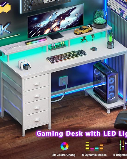 Furologee 47" White Computer Desk with 4 Fabric Drawers & Monitor Stand, Gaming Desk with Power Outlets - LED Lights, Home Office Space-Saving Study Table for Bedroom Small Spaces