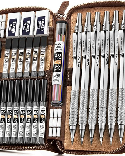 Nicpro 30PCS Silver Metal Mechanical Pencils Set in Leather Case, Art Drafting Pencil 0.5, 0.7, 0.9 mm, 2mm Lead Pencil Holder for Sketching Drawing With 16 Tube (6B 4B 2B HB 2H 4H Colors)Lead Refill