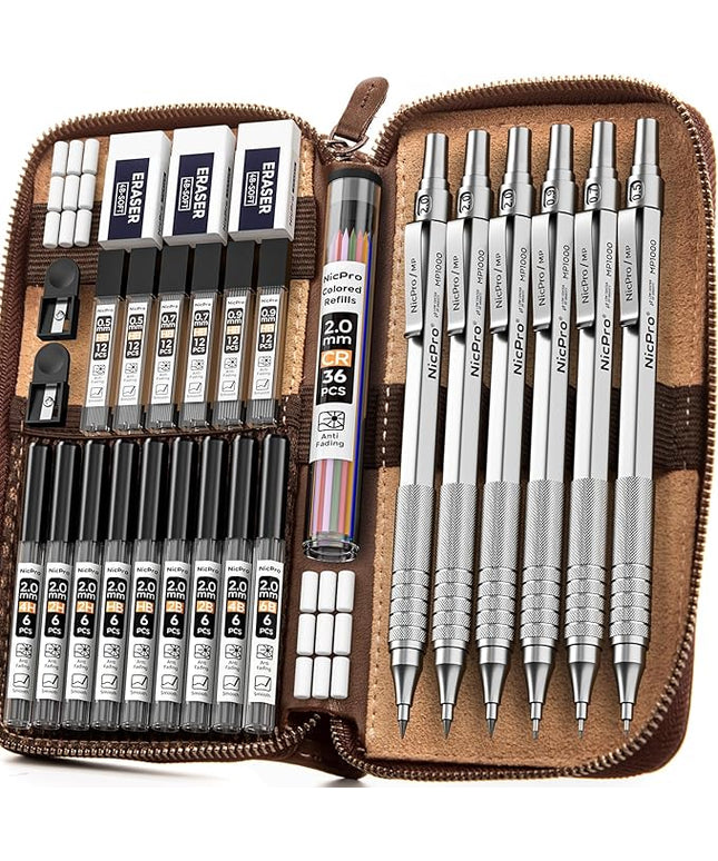 Nicpro 30PCS Silver Metal Mechanical Pencils Set in Leather Case, Art Drafting Pencil 0.5, 0.7, 0.9 mm, 2mm Lead Pencil Holder for Sketching Drawing With 16 Tube (6B 4B 2B HB 2H 4H Colors)Lead Refill