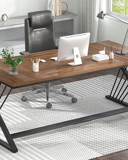 FOLUBAN 70.9" Computer Desk with Z-Shaped Legs, Large PC Desk for Home Office, Industrial Writing Desk, 2 Person Executive Workstation Study Table for Bedroom, Rustic Walnut
