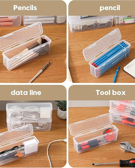 10 Pack Clear Plastic Pencil Case Boxes - Narrow Stackable Storage Organizers with Snap Lids for Pens, Markers, Makeup Brushes, Art Supplies, Beads, Jewelry, School Office Use, Rectangular Narrow