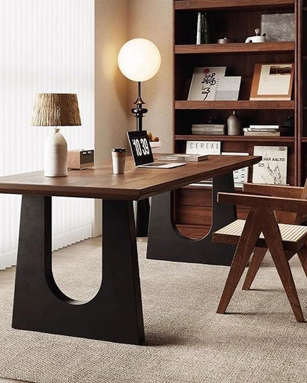 Wooden Executive Office Desk Computer Table Multi-Sized High Cost Performance Stylish Design Metal Legs Versatile Use for Office or Dining Casual Table (Walnut Color, 55.12in)