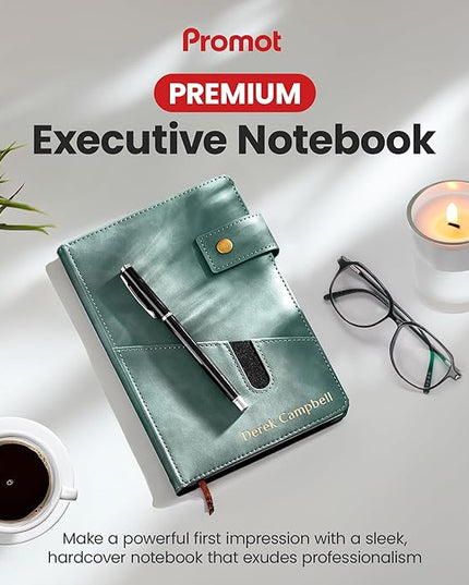 Promot Personalized Notebook - A5 Lined Leather Bound Journal for Writing Women Men - Hardcover Executive Notebook, Daily Journal, Travel Diary, Gift Idea, Custom Embossed Text with Gold Metallic Foil
