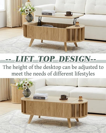 Janmer Home Small Lift Top Coffee Table with Storage, 47.3" Mid Century Modern Curved Coffee Table, Oval Center Table with Lift Tabletop for Living Room, Office (Natural)