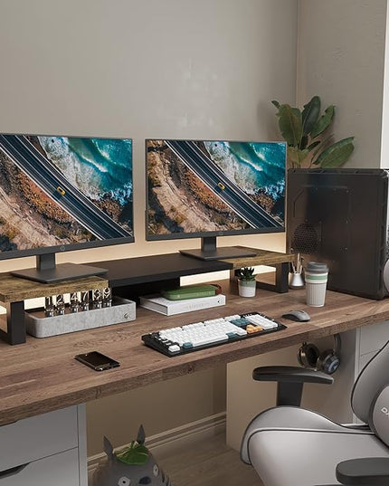 WESTREE Dual Monitor Stand Riser, Wood and Steel Multi-Purpose Desktop Storage Stand for 2 Monitors for Computer, Laptop, Printer, TV, Rustic Brown