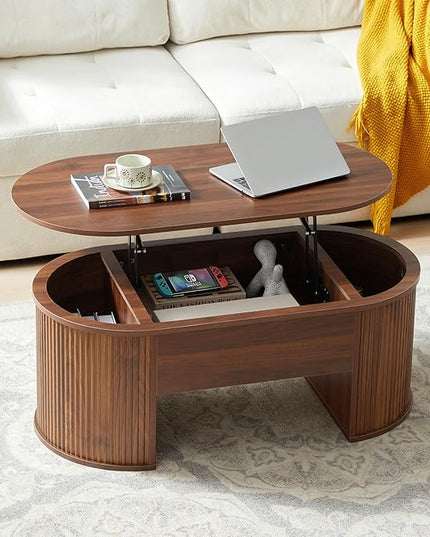QHITTY Fluted Coffee Table with Lifting Top, Oval Wood Lift Top Coffee Table with Hidden Compartment, Mid Century Pull up Center Tables for Living Room, Office - Walnut