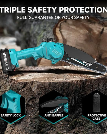 Seesii Mini Chainsaw 8-inch, Mini Chainsaw Cordless Tool Set, Battery Chainsaw with 2x 4.0Ah Batteries, Handheld Electric Power Chain Saw with Oiler, Safety Lock for Tree Trimming,Wood Cutting