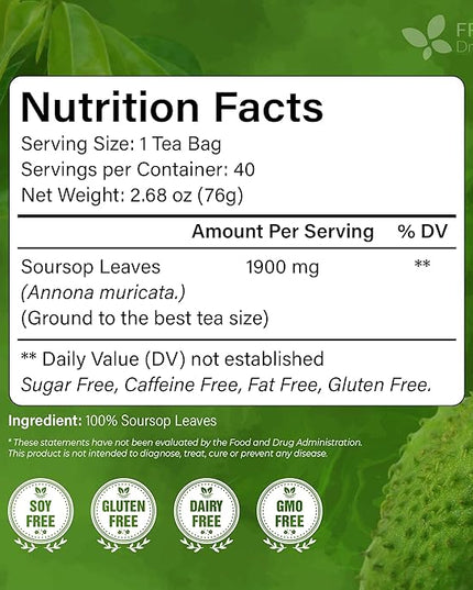 40 Premium Soursop Graviola Leaf Tea Bags, 100% Natural and Pure from Soursop Leaves, Handmade, Made With Natural Materials-Corn Fiber Tea Bag, Sugar/Caffeine/Gluten Free, Hoja Guanabana Tea