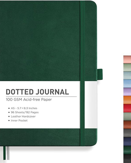 RETTACY Bullet Dotted Journal Notebook, 192 Pages, A5 Medium Size (5.7'' x 8.3''), Leather Hardcover, 100 GSM Thick Paper, for Bullet Journaling, Planning, Tracking (Dark Green)
