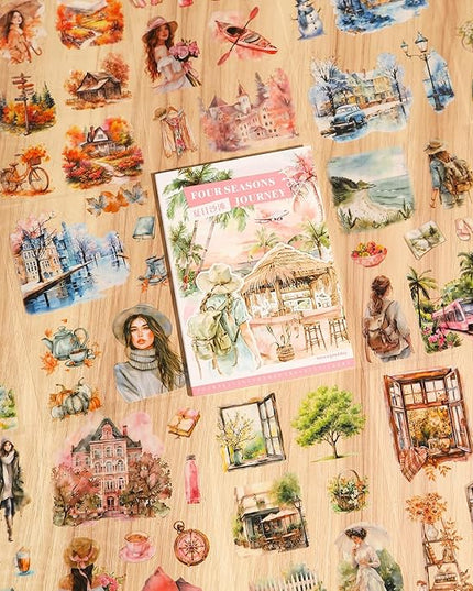 MiyouLuna Seasons Journey Pre-Cut PET Sticker Set, 80 Sheets of Seasonal Travel-Themed Stickers for Scrapbooking, Journaling, DIY Crafts, and Junk Journal Ephemera