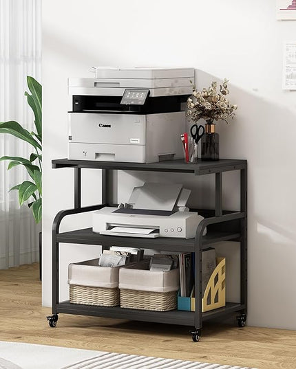 32.3" x 18.9" Extra Large Printer Stand Table with Adjustable Storage Shelf, 3 Tier Rolling Printer Cart with Industrial Wheels for Home Office, Black