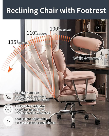 Efomao Big and Tall Office Chair 400LBS, Heavy Duty Executive Office Chair with Foot Rest, Home Office Desk Chairs, Pink Big Tall Computer Chair