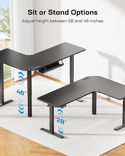 HUANUO 63″ Dual Motor L-Shaped Standing Desk, Built-in Power Outlets, Electric Height Adjustable Corner Computer Desk, Large Power Strip Holder, Sit Stand Up Desk with 3 Preset Heights, Black