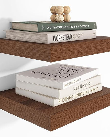 Heimlove 12 Inch Deep Floating Shelves, 12 x 12 inches Long Wall Shelf, Large Extra Display Shelf & Storage Shelf, Rustic Wood Wall Shelves for Fireplace Mantel, Walnut - 2Pack