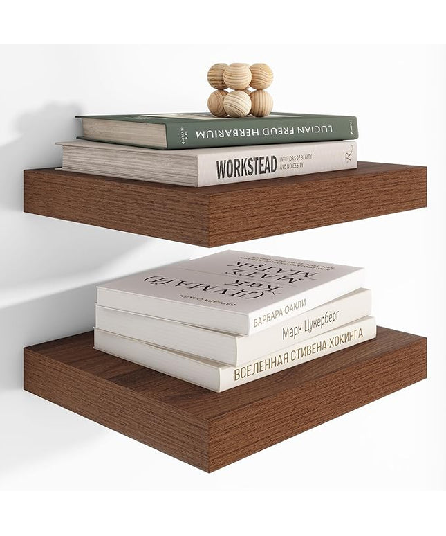 Heimlove 12 Inch Deep Floating Shelves, 12 x 12 inches Long Wall Shelf, Large Extra Display Shelf & Storage Shelf, Rustic Wood Wall Shelves for Fireplace Mantel, Walnut - 2Pack