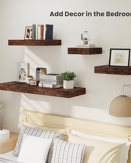 Heimlove 12 Inch Deep Floating Shelves, 12 x 12 inches Long Wall Shelf, Large Extra Display Shelf & Storage Shelf, Rustic Wood Wall Shelves for Fireplace Mantel, Brown - 2Pack
