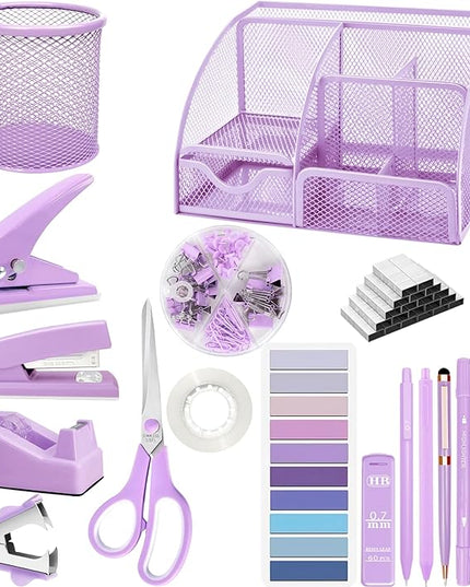 Purple Desk Accessories, 17Pcs Purple Office Supplies Set with Stapler, Mesh Desk Organizer, Tape Dispenser, Staple Remover, Pen Holder, Clips, Pens, Ruler, for Office Home School Women Students Gift
