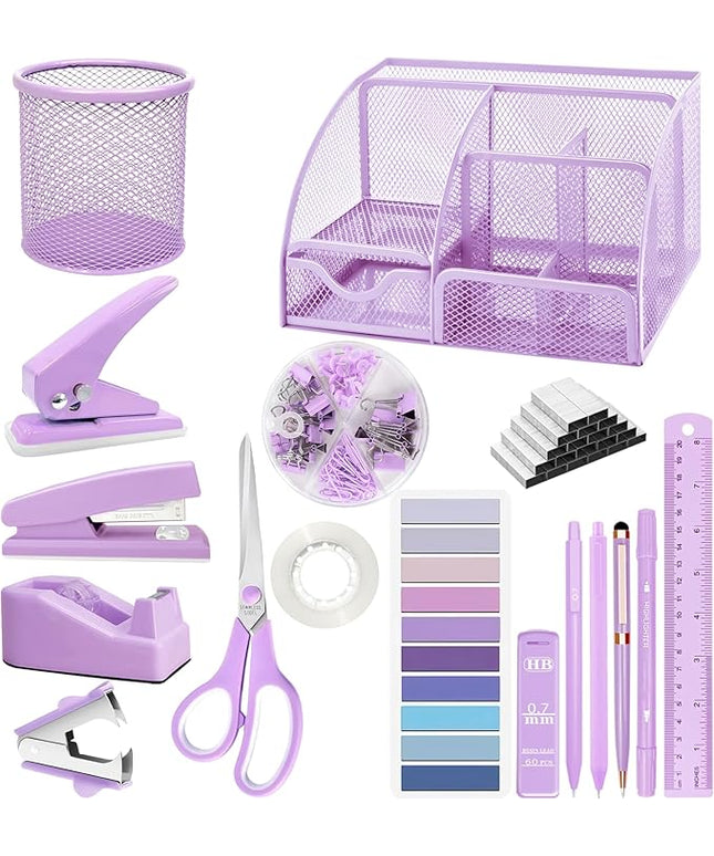 Purple Desk Accessories, 17Pcs Purple Office Supplies Set with Stapler, Mesh Desk Organizer, Tape Dispenser, Staple Remover, Pen Holder, Clips, Pens, Ruler, for Office Home School Women Students Gift