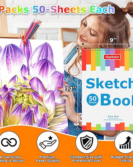 9" x 12" Sketch Book, 2-Pack 50 Sheets Spiral Bound Art Sketchbook, Acid Free Artist Drawing Book Paper, Art Supplies for Adults Kids, Craft Activities, Sketch Paper for Drawing Coloring Sketching