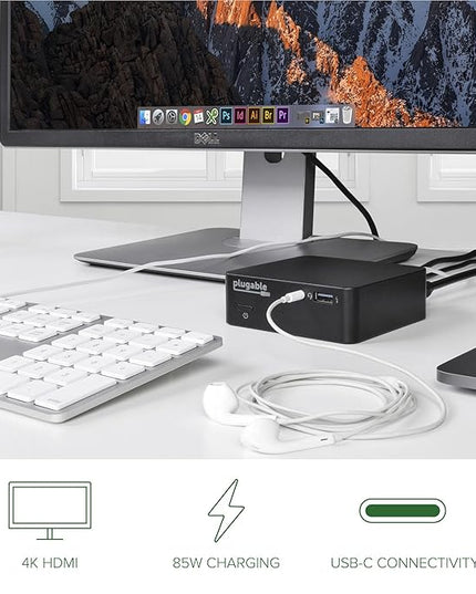 Plugable USB C Dock VESA Mount Compact with 85W Charging Thunderbolt 4/3 USB4 Compatible and Works with macOS, Windows, and ChromeOS Laptops (HDMI up to 4K@30Hz, Ethernet, 4X USB 3.0 Ports, USB-C PD)