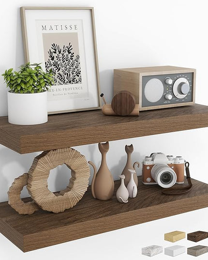 RICHFOCUS 31.5Inch Floating Shelves for Wall 2 Pack Shelves for Bedroom|Kitchen|Bathroom Wall Mounted Rustic Wood Floating Shelf with Invisible Brackets for Books|Storage|Decor, Walnut