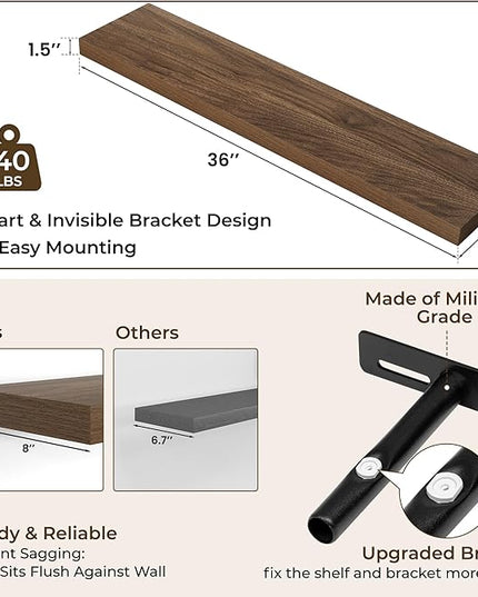RICHFOCUS 36Inch Floating Shelves for Wall 2 Pack Shelves for Bedroom|Kitchen|Bathroom Wall Mounted Rustic Wood Floating Shelf with Invisible Brackets for Books|Storage|Decor, Walnut