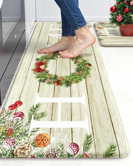 KIMODE Christmas Kitchen Mat 2PCS,Anti Fatigue Farmhouse Kitchen Rugs Non Slip,Waterproof Kitchen Floor Mat,Cushioned Comfort Standing Mat,Christmas Decorations for Home Kitchen
