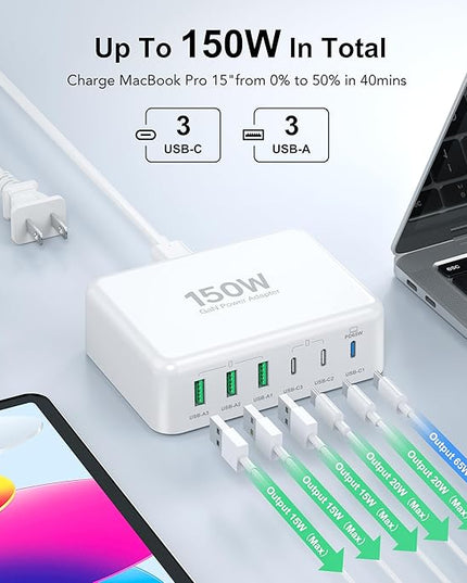 USB C Fast Charger, 150W 6 Port Desktop PD GaN Fast Charger Charging Station Block 65W USB C Laptop Power Adapter for MacBook Pro/Air iPad iPhone 17 16 15 14 13 Pro Max Galaxy S24 Note 20 Pixel