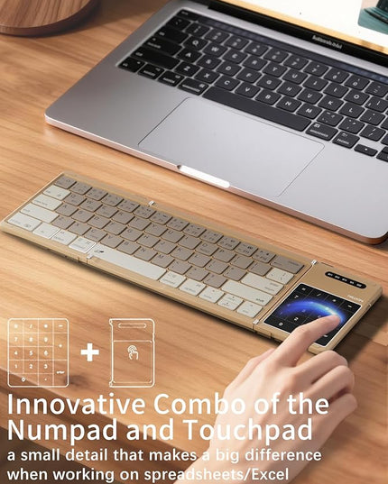 Nillkin Upgraded Foldable Bluetooth Keyboard with Touchpad & Number Pad, Portable Wireless Keyboard for Travel, Pocket-Sized, Full Size Keys, Support 3 Devices for iPad Laptop Tablets Phone, Khaki
