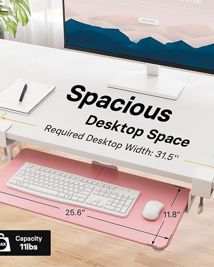 BONTEC KMT01 Under Desk Keyboard Tray, Pull-Out Keyboard & Mouse Platform with C-Clamp, 25.6 x 11.8 in Space-Saving Ergonomic Slide-Out Drawer, Pink