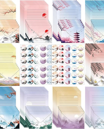Outus 215 Pcs Japanese Stationary Set Including 70 Japanese Ink Painting Writing Papers 70 Envelopes 75 Round Stickers Watercolor Writing Stationery Paper for Invitations Office School Mail Supplies
