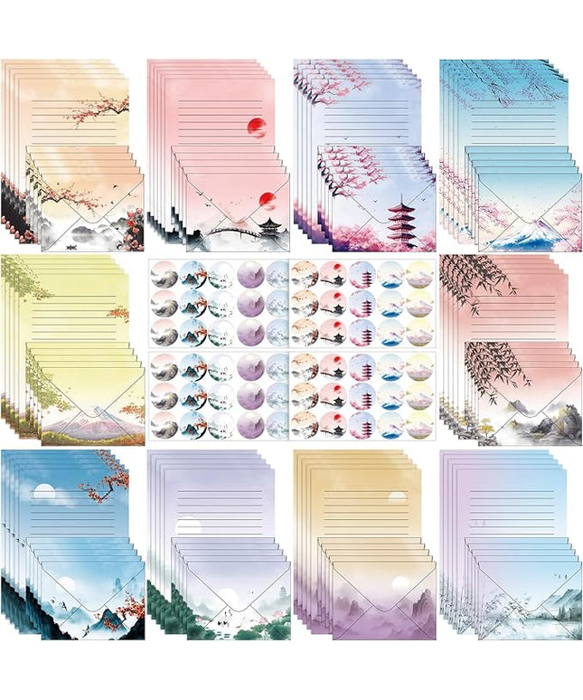 Outus 215 Pcs Japanese Stationary Set Including 70 Japanese Ink Painting Writing Papers 70 Envelopes 75 Round Stickers Watercolor Writing Stationery Paper for Invitations Office School Mail Supplies