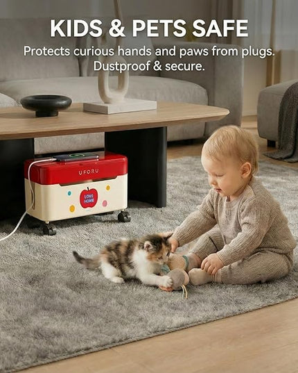 2-Tier Rolling Cable Management Box with Wheels (Large) – Mobile Power Strip Hider & Cord Organizer – Under Desk Wire Concealer & Charging Station Organizer – Baby & Pet Proof Safety (Apple Red)
