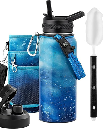 32oz Insulated Water Bottle, Triple Wall Vacuum Stainless Steel Water Bottles - Keeps Cold 48H, Reusable 1/4 Gallon water flask Jug for Gym, Sports, Camping, Hiking,Travel, Aurora-Blue