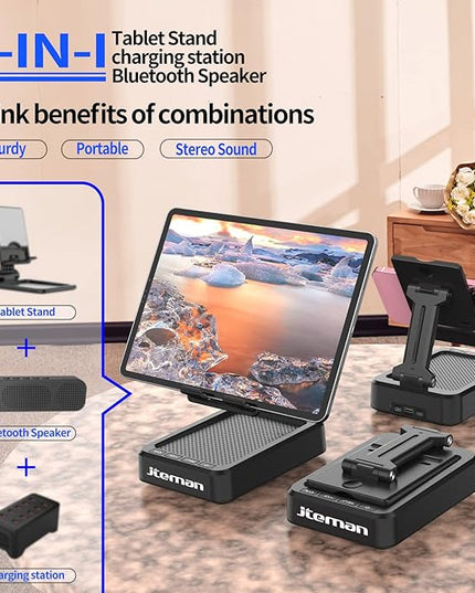 JTEMAN Tablet Stand Adjustable with Bluetooth Speakers,Kitchen Gadgets,Gifts for Women Men,Wireless Bluetooth Speaker Tablet Holder,Desk Mic Charging Sation Compatible with Phones and Tablet