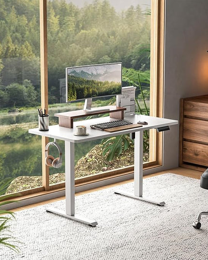 Veken 47.2 Inch Large Electric Standing Desk, Heights Adjustable, Sit to Stand Up, Work Home Office Computer Table for Study, Walking Pad, Writing, and Games, Wooden Desktop Desks, White