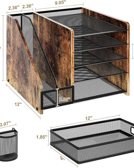 Marbrasse Desk Organizer with File Holder, 5-Tier Paper Letter Tray Organizer with Drawer and 2 Pen Holder, Mesh Desktop Organizer and Storage with Magazine Holder for Office Supplies (Wood-Brown)