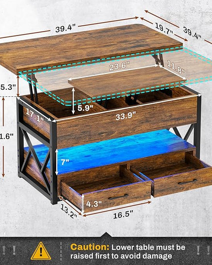 Itaar 40" Lift Top Coffee Table, 4 in 1 Coffee Tables with Storage for Living Room, Small Farmhouse Coffee Table with 2 Drawers & LED Light for Dining Reception Room, Rustic Brown