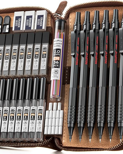 Nicpro 33PCS Black Metal Mechanical Pencil Set in Leather Case, Art Drafting Pencil 0.3, 0.5, 0.7, 0.9 mm, 2mm Lead Holders for Sketching Drawing with 18 Tube (6B 4B 2B HB 2H 4H Colors) Lead Refills
