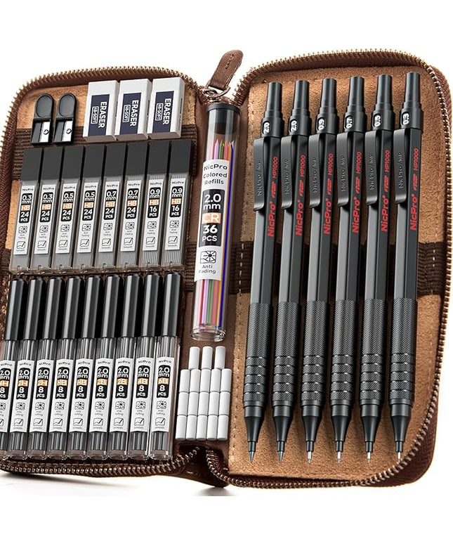 Nicpro 33PCS Black Metal Mechanical Pencil Set in Leather Case, Art Drafting Pencil 0.3, 0.5, 0.7, 0.9 mm, 2mm Lead Holders for Sketching Drawing with 18 Tube (6B 4B 2B HB 2H 4H Colors) Lead Refills