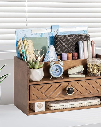 Brown Wood Desk Organizer and Accessories with Drawer, Bill Mail Organizer and File Mail Holder for Office Supplies, Desk Accessories & Workspace Organizers