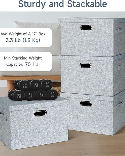 Large 17" 36 Quart Collapsible Stackable Storage Bins with Lids, 3 Packs Blue-Grey Linen Fabric Closet Boxes with Lids, Storage Cube Baskets Container Organizers for Bedroom (17x12x11)